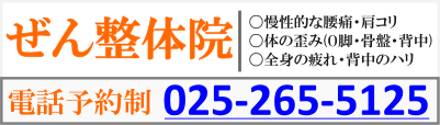 ぜん整体院。電話予約0252655125。慢性的な腰痛・肩こり